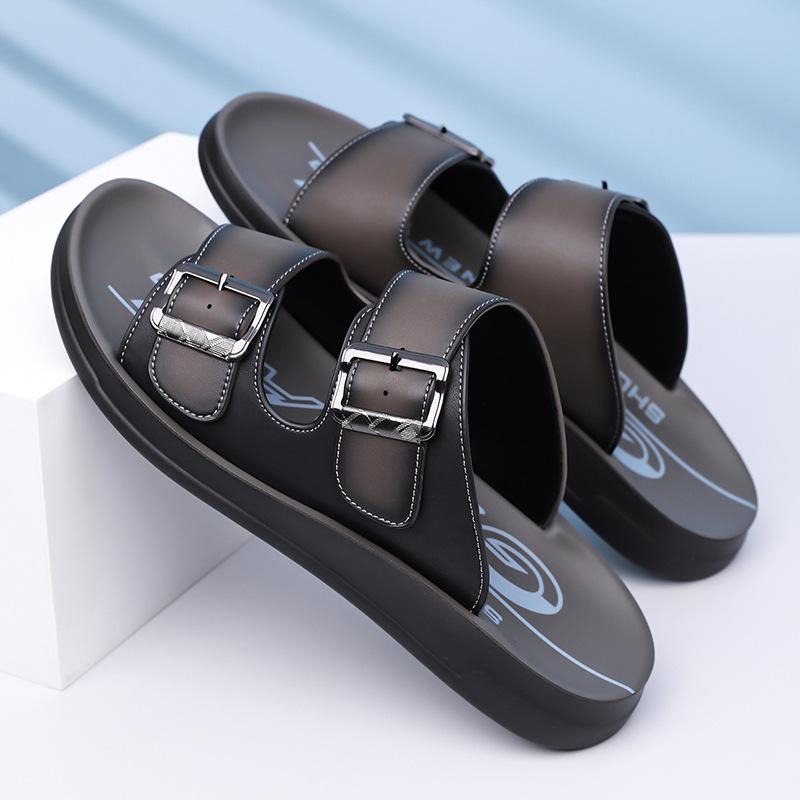 Fashion Double Buckle Designer Leather Slippers for Men Summer New Fashion Casual Dress Slipper Man Soft-soled Breathable Beach Shoes