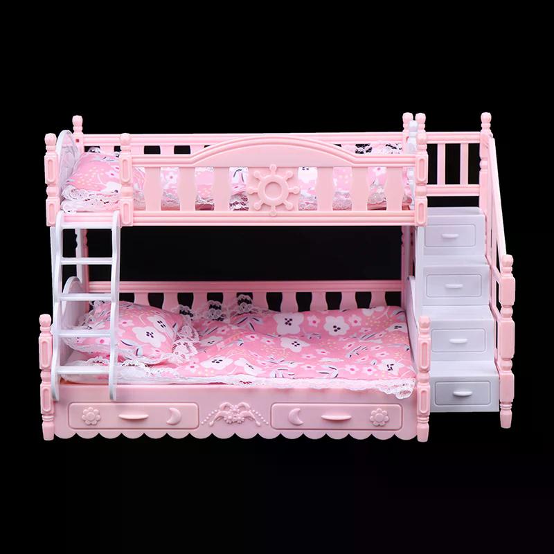 Dollhouse Miniature European Princess Double Bed Simulation Furniture Doll House Bedroom Decor Pretend Play Toys For Kids