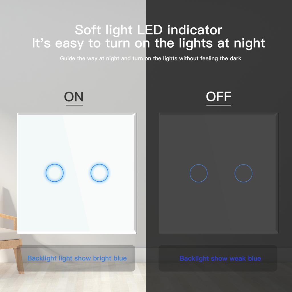 BSEED 1/2/3Gang Touch Switch Double Light Switch Triple Sensor Switch 1Way EU Standard Glass Panel Blue Back Light White Series