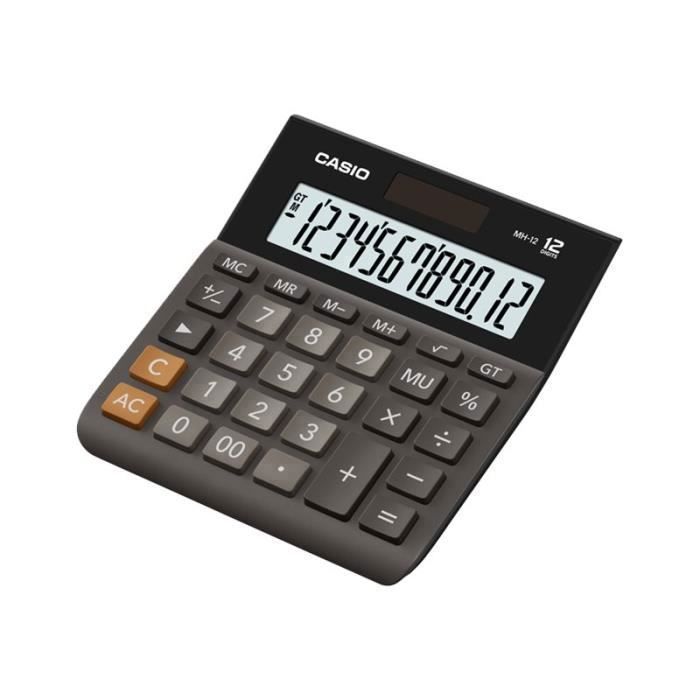 Casio Wide H Series MH-12-BK Calculatrice De Bureau 12 Chiffres Panneau Solaire, Pile