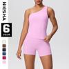 Women's Solid Color One-Shoulder Sports Vest & Yoga Shorts Set