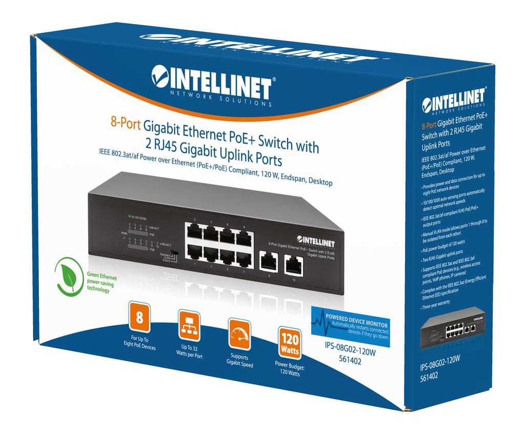 Intellinet Network Solutions Gigabit Ethernet Switch with 2 RJ45 Gigabit Uplink IEEE Power Over Ethernet 120 Desktop 8-Port PoE+ Ports, 802.3at/af