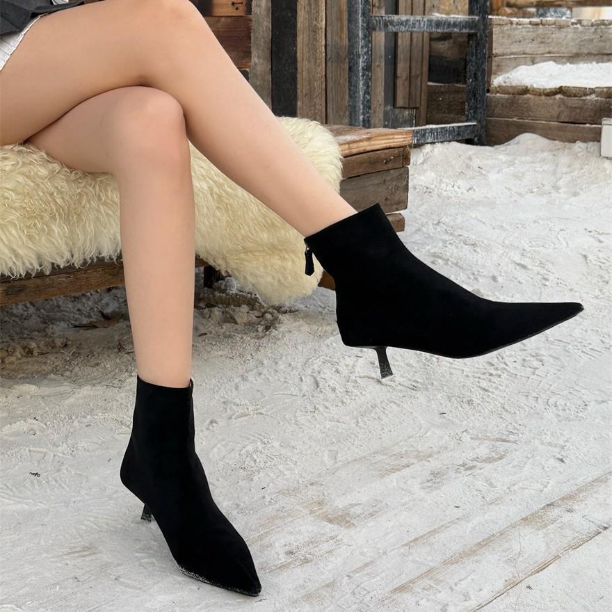 Thin Heel Suede Pointed Short Boots Women's 2025 Autumn and Winter New Korean Version Thin Boots Socks Boots Women's Boots Zipper Elastic Boots