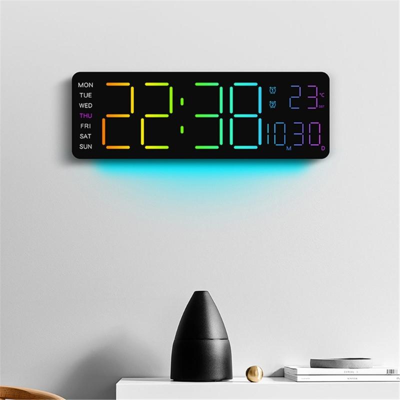 Modern Ambient Light Wall Clock Adjustable LED Screen Shows Time Temperature Date 12/24Hour Mode Easy Setups Home Decors