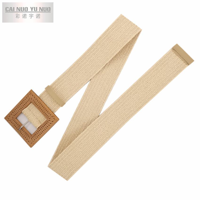 Cotton And Linen Wind Pp Grass Woven Belt Women'S Round Square Buckle Dress Long Shirt Decorative Belt
