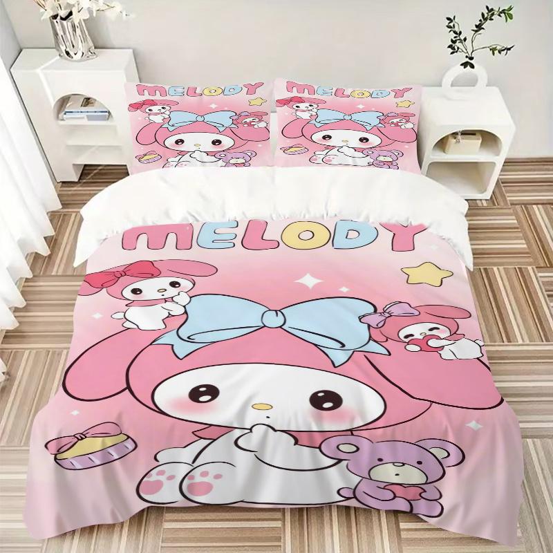 3pcs Pink Cute My Melody Sanrio Printed Bedding Set, Soft and Comfortable Quilt Cover for Bedroom, Guest Room (1 Duvet Cover + 2 Pillowcases