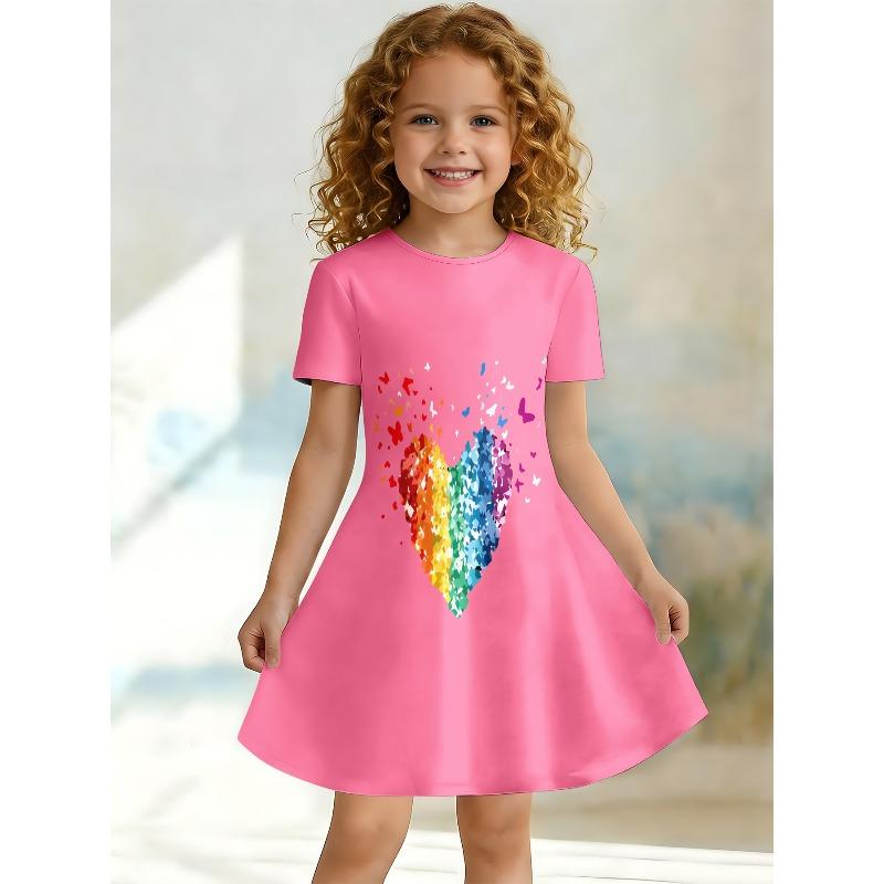 Pink Rainbow Heart-shaped Printed Dress Short Sleeved Casual A-line Children's Swing Dress Suitable for Birthdays and Parties