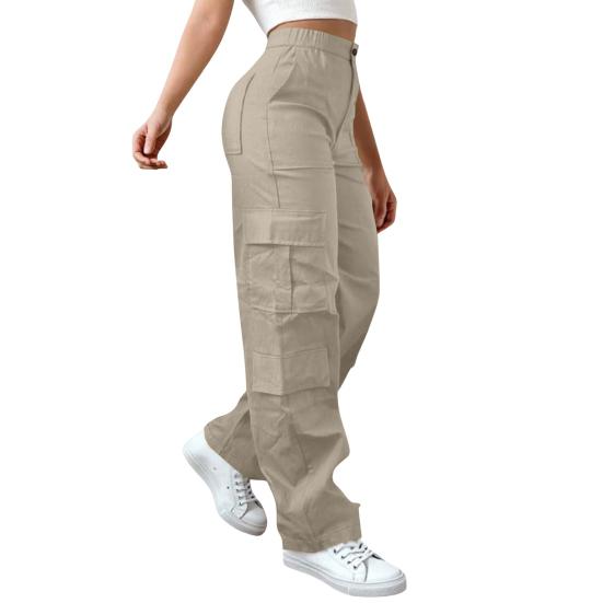 

Women Pants Mid-rise Elastic Waist Wide Leg Casual Trousers with Multi Pockets Pure Color Loose Fit Long Pants Office Daily M бежевый