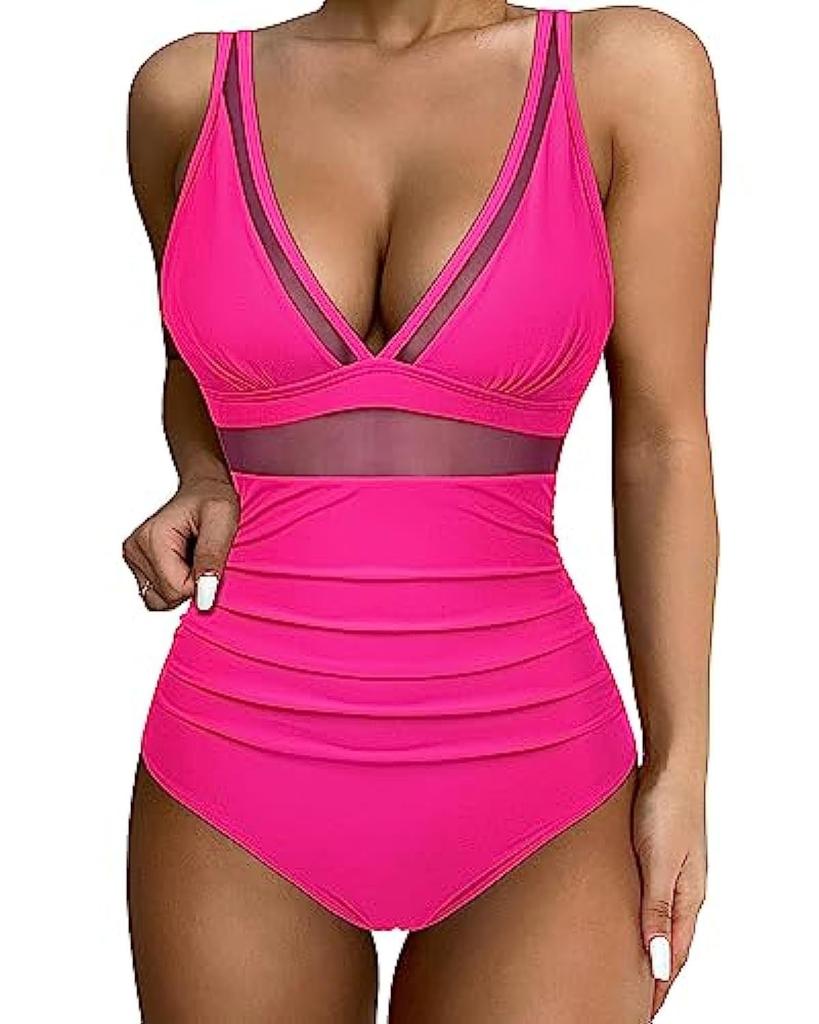One-piece Swimsuit Sexy Hollow Mesh Deep V Gathering Perspective Bikini Swimsuit