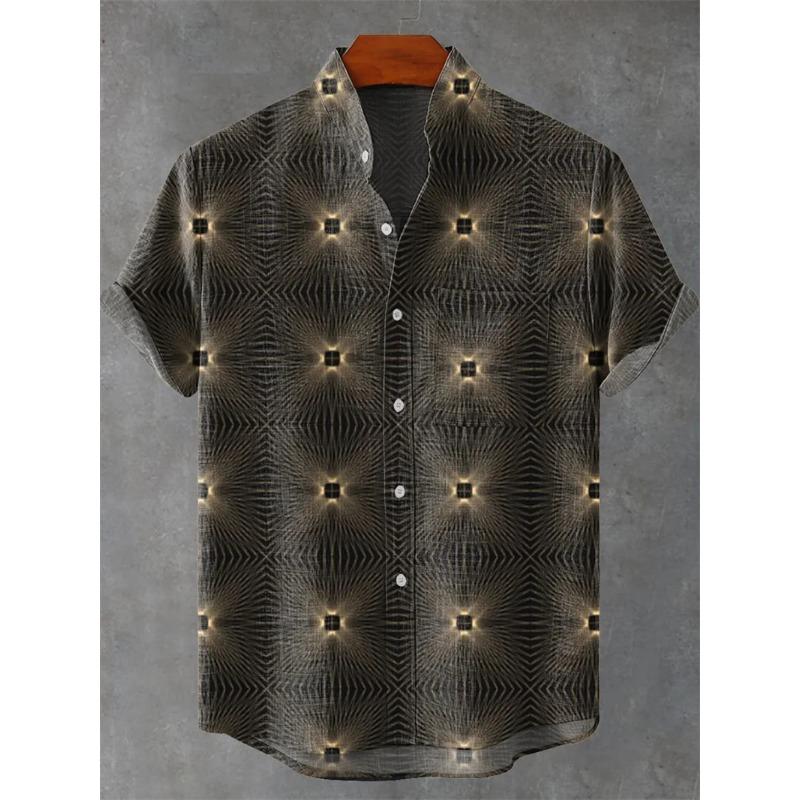 Men's Short Sleeve Shirt Vintage Ethnic Style Sunlight and Tree Illustration Art Wave Print Casual Linen Shirt,