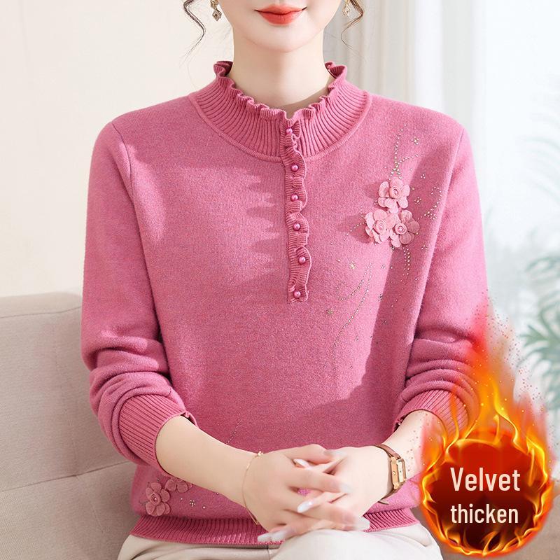 Women's Fleece Knit Top: Wood Ear Collar, Plus Velvet Warm Base Layer, Winter Inner Wear, Middle-Aged Mom's Sweater