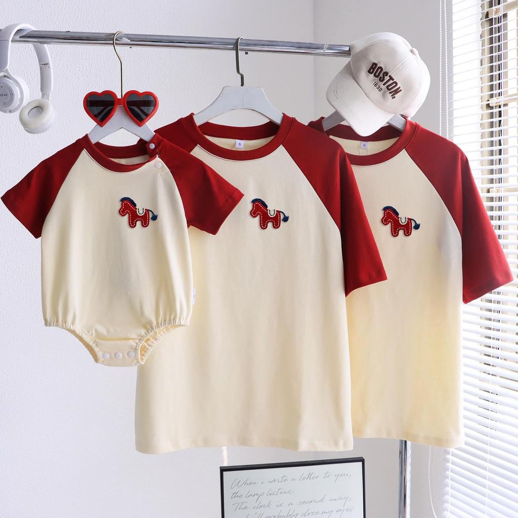 Embroidered Year of the Horse Family Tees: Stylish Parent-Child Matching T-shirts for Mother and Son
