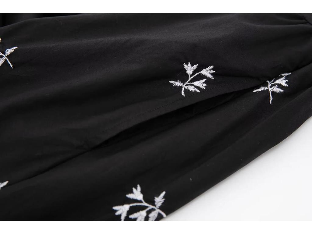 Spring 2025 Women's Black Floral Embroidered Poplin Dress (European & American Style)