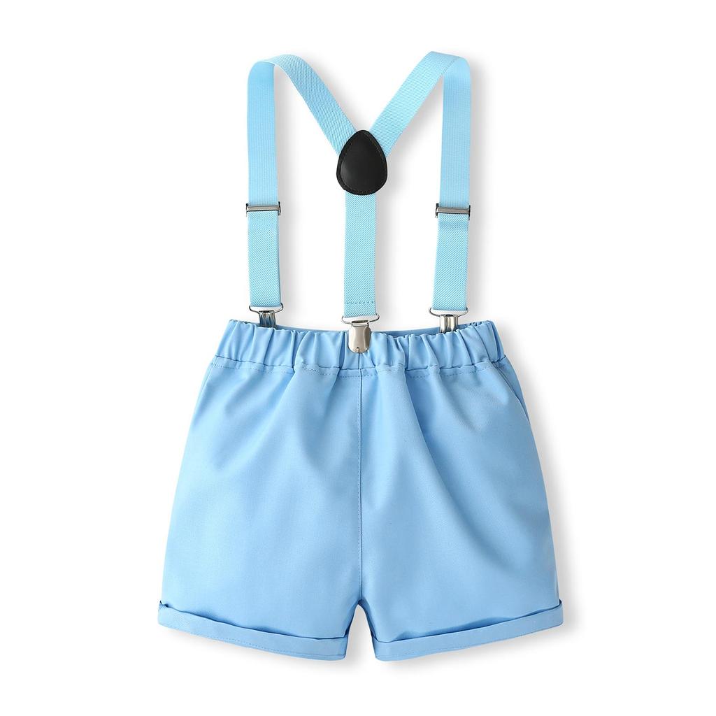 Outfit für Jungen und Gentlemen, kurzärmliges Hemd mit vertikalem Streifenmuster, Fliege und Hosenträger-Shorts für formelle Kleidung