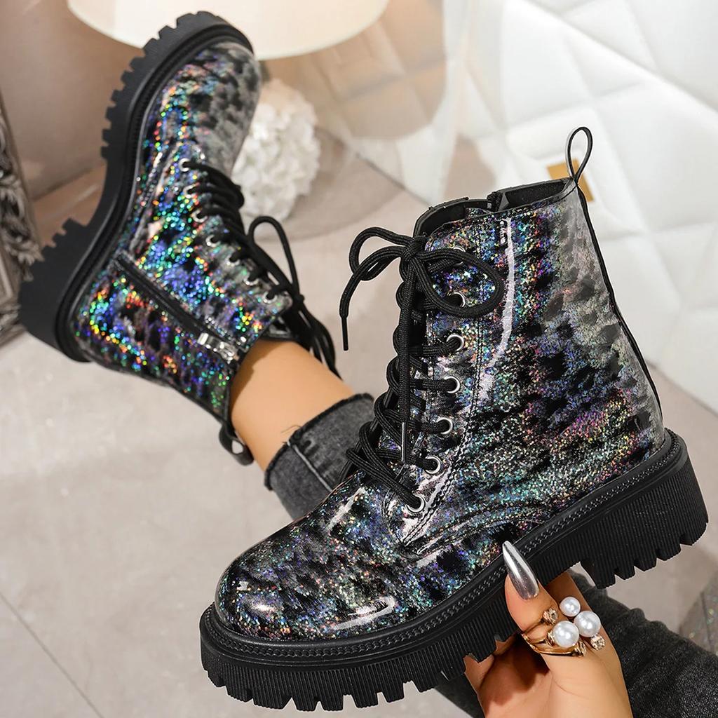 New Autumn and Winter Women's Boots Casual Inner Height-enhancing Sequin Boots Large Size Front Lace-up Comfortable Women Boots