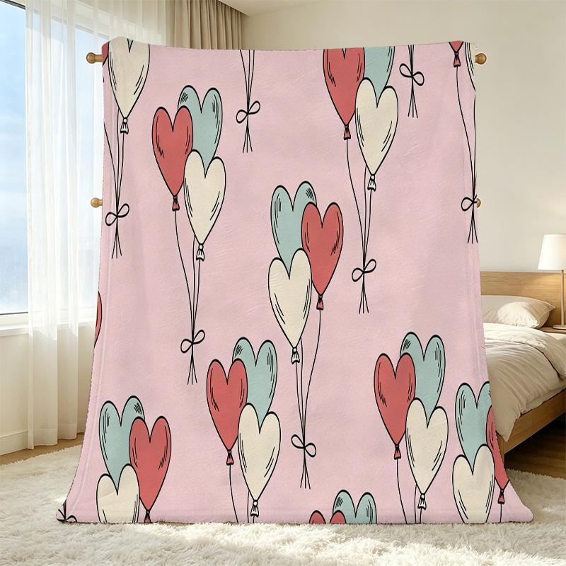 Thick Warm Flannel Throw Blanket - Soft Cozy Skin-friendly Heart Balloon Pattern, Ideal for Guest Room Single, Home Decor, Christmas & Halloween