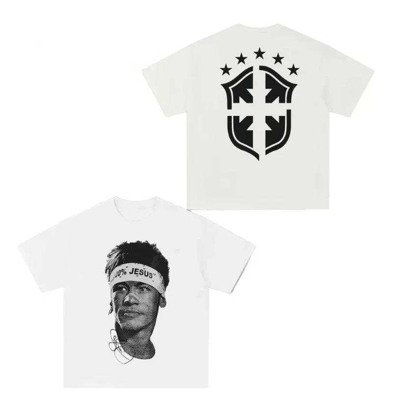 Cristiano Ronaldo Neymar Lionel Messi Fußball-Superstar Porträt Aufdruck T-Shirt Herren Damen Baumwolle Locker Freizeit Kurzarm T-Shirt S weiß