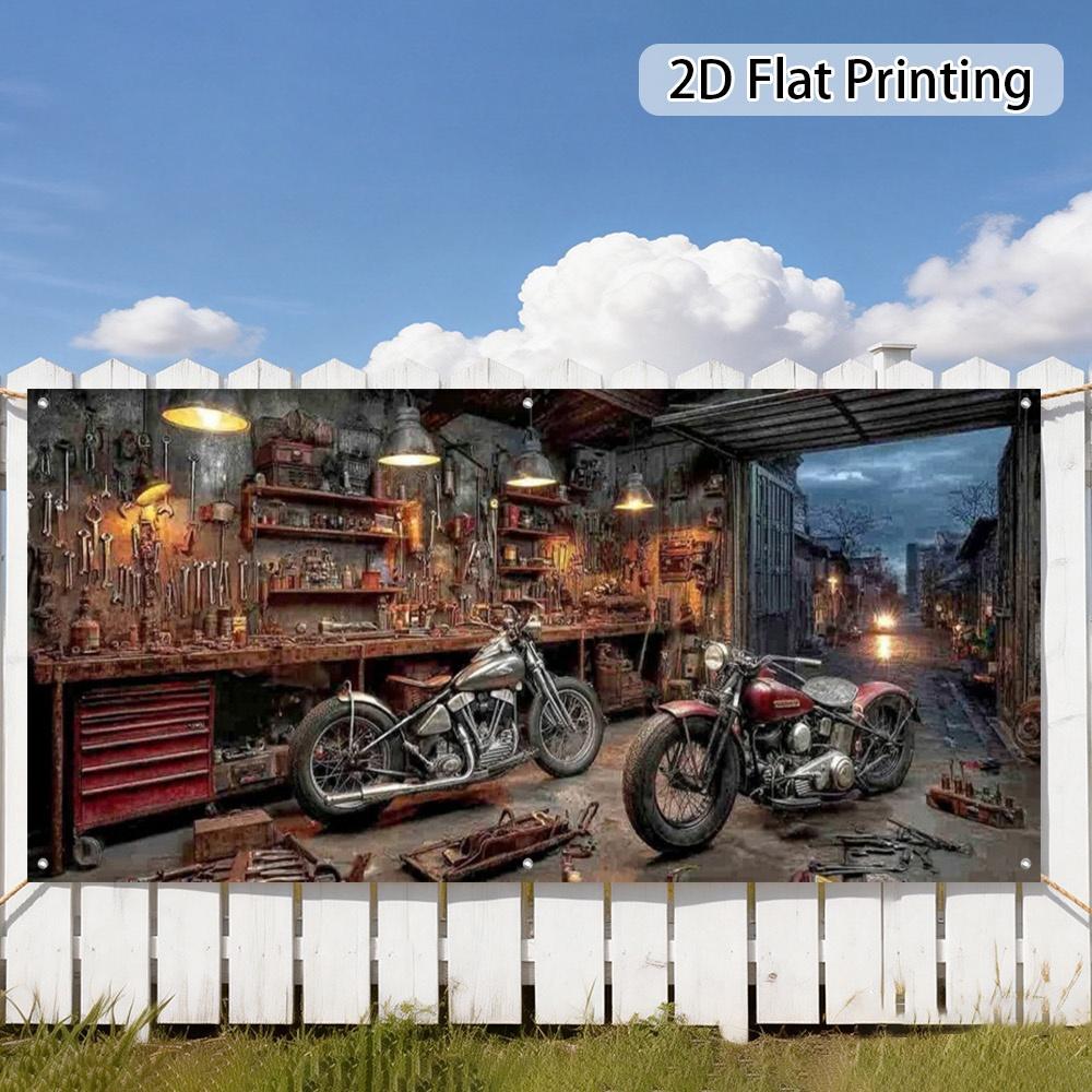 (2D plane) 1 garage door banner for a motorcycle repair workshop scene, easy to installDJH
