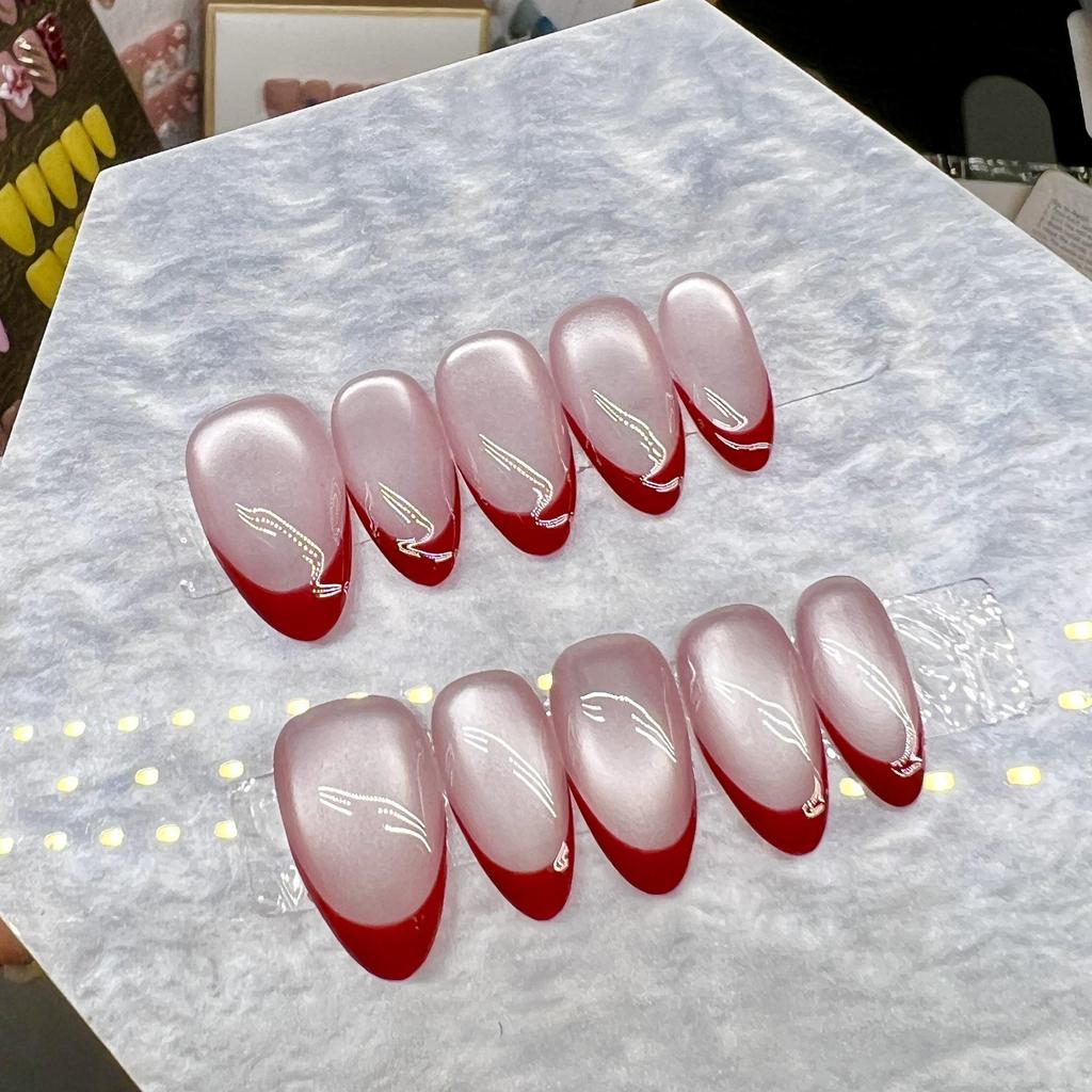 French Retro Cat Eye Red Wine Handmade Nail Art for New Year
