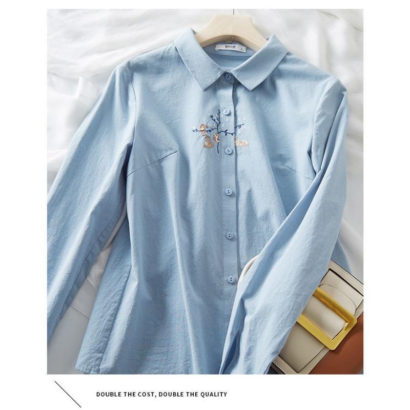 Spring Autumn Polo-neck Embroidery Casual Fashion Blouse Women Long Sleeve Elegant Fashion Cotton Shirt Top