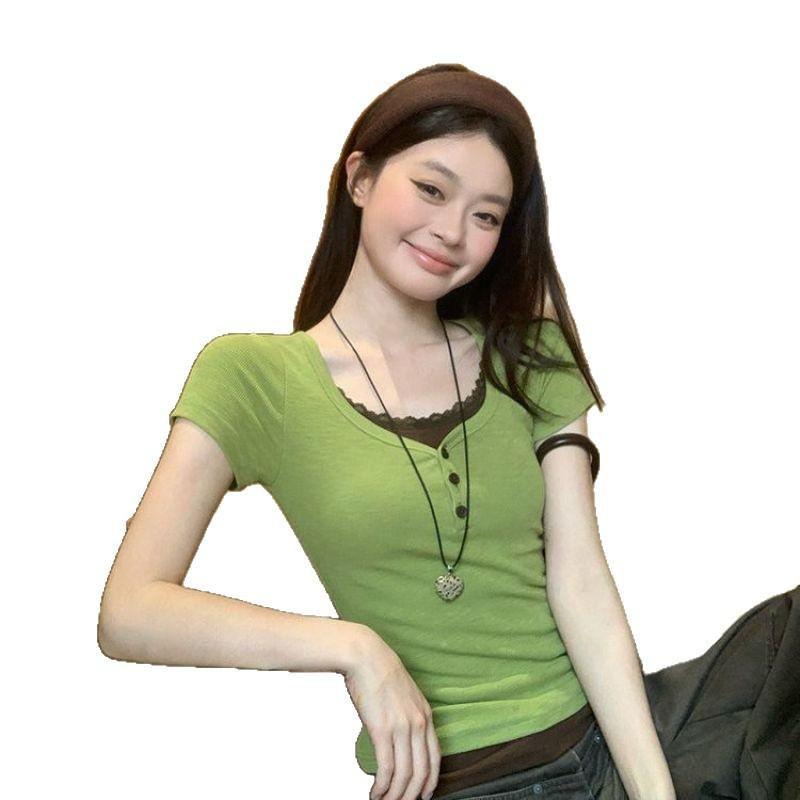 Korean green coffee fake two-piece lace splicing short-sleeved T-shirt women's summer new slim-fit Spice Girl short top ins