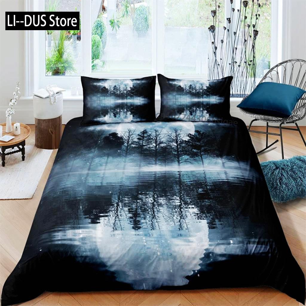 Dark Night Ocean Duvet Cover Seawater Bright Moon Sea Starry Night Sky Galaxy Reflection Comforter Cover Bedding Set Room Decor