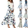 Women's Casual 3/4 Sleeve V-Neck Floral Print Maxi A-Line Beach Dress