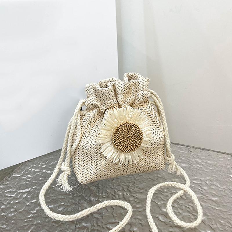 Słomkowe torby plażowe ze sznurkiem, torby z haftem kwiatowym, damskie plażowe torby typu bucket crossbody do podróży