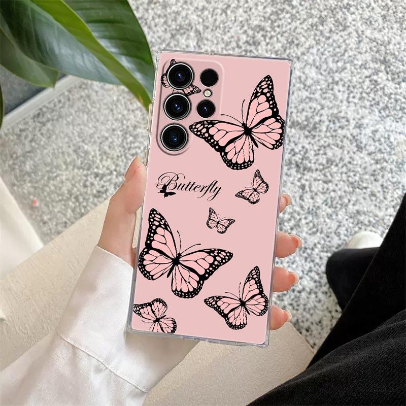 Pink Butterfly S25Ultra Clear Case For Samsung Galaxy S25 S24 S23 Ultra S20 S21 FE S22 Plus A56 A55 A36 A26 5G Soft Phone Cover