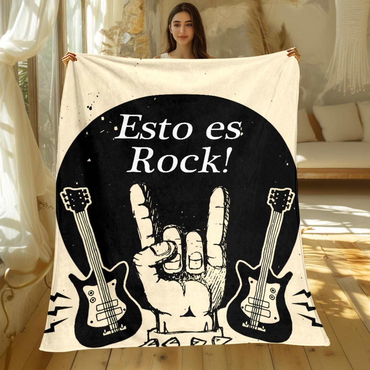 1pc Esto es Rock Rock Music Hand Sign Guitar Fleece Blanket Punk Band Gift Musical Theme Soft Cozy Throw for Music Lovers 75x90cm