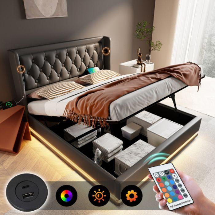 Lit double - MUVOE - 160x200 cm - PU noir - Lit de rangement hydraulique - Tête de lit avec USB