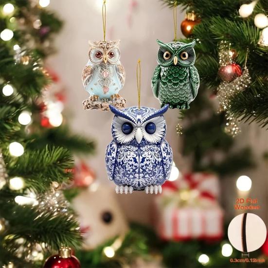 10Pcs Chinese Style Owl Hanging Ornament Farmhouse Rustic Handmade Wooden Owl Decoration Christmas Tree 2D Flat Bird Hanging Decor