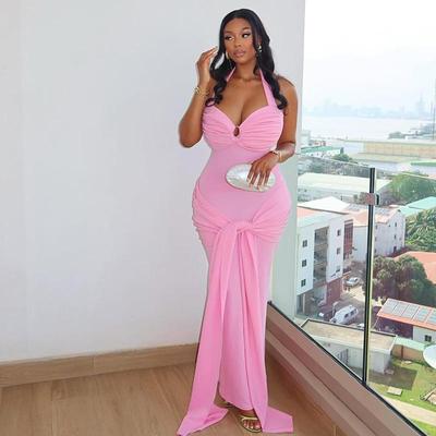 2025 European & American Style Women's Solid Color Ruched Halter Dress - Backless, Criss-Cross Tie, Hip-Hugging Fit