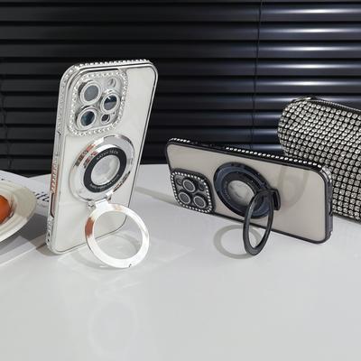 Funda Protectora para Teléfono con Borde Parachoques, Recubrimiento Magnético, Diamantes Brillantes, Protector de Lente de Cámara, con Soporte, para iPhone 17 16 15 Pro Max, Samsung S25 S24, Cubierta Protectora Transparente