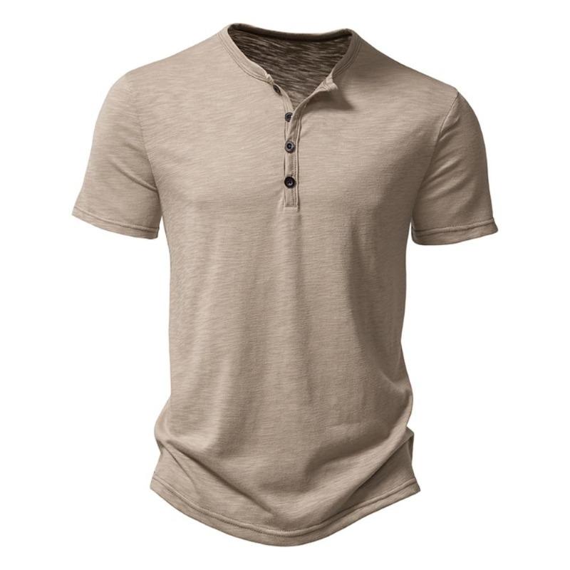 Henley Collar Summer Men Casual Solid Color Short Sleeve T Shirt for Men Polo Men Cotton Men's T Shirts