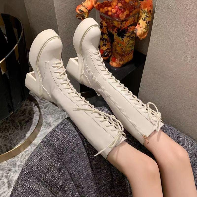 Women's White Lace-Up High-Heeled Martin Boots - British Style, Round-Toe, Thick-Soled, Side-Zip Knight Boots