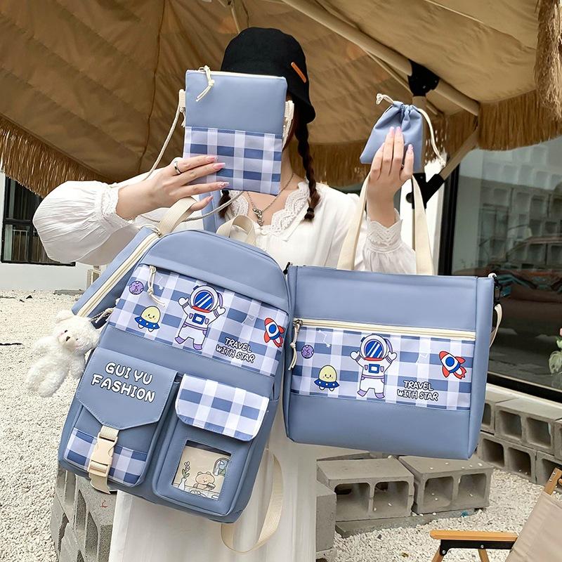5Pcs/Set Cute Canvas Women School Backpacks for Teenage Girls Book Bag Student High Quality Travel Laptop Backpack Female