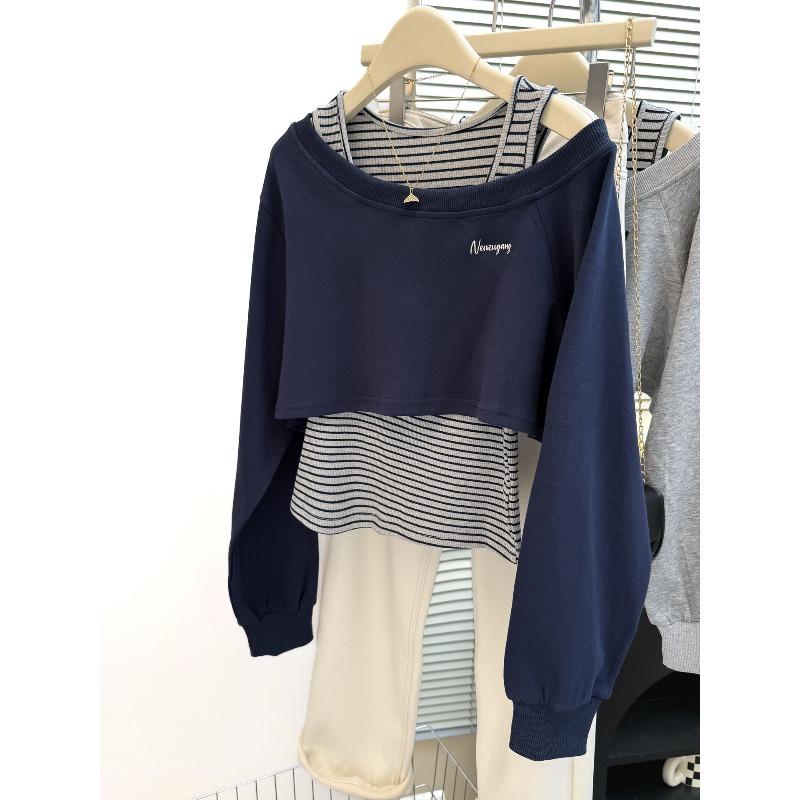 

Реальное фото диагональный свитер с открытыми плечами, с нерегулярной вышивкой букв, с длинным рукавом, короткий, женский осенний полосатый комплект из двух предметов с бретелями 2XL темно-синий