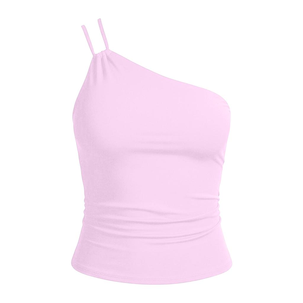 Women One Shoulder Sleeveless Tank Top with Built In Bra Pad Fitted Asymmetrical Strap Camisole for Casual or Daily Wear