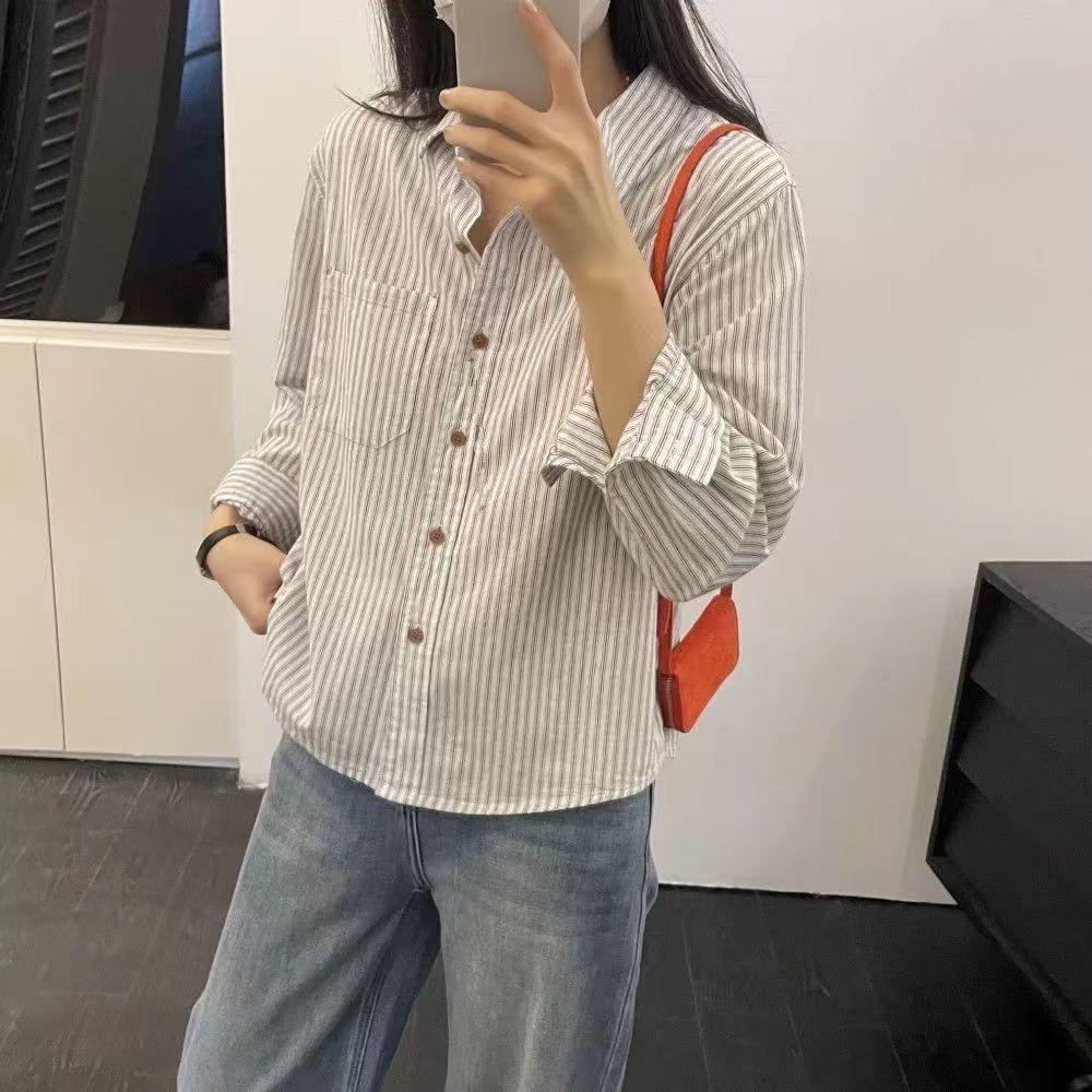 Versatile Retro Korean-Style Striped Cotton Cardigan: Artistic, Loose-Fit, Long-Sleeve Top for Spring/Autumn