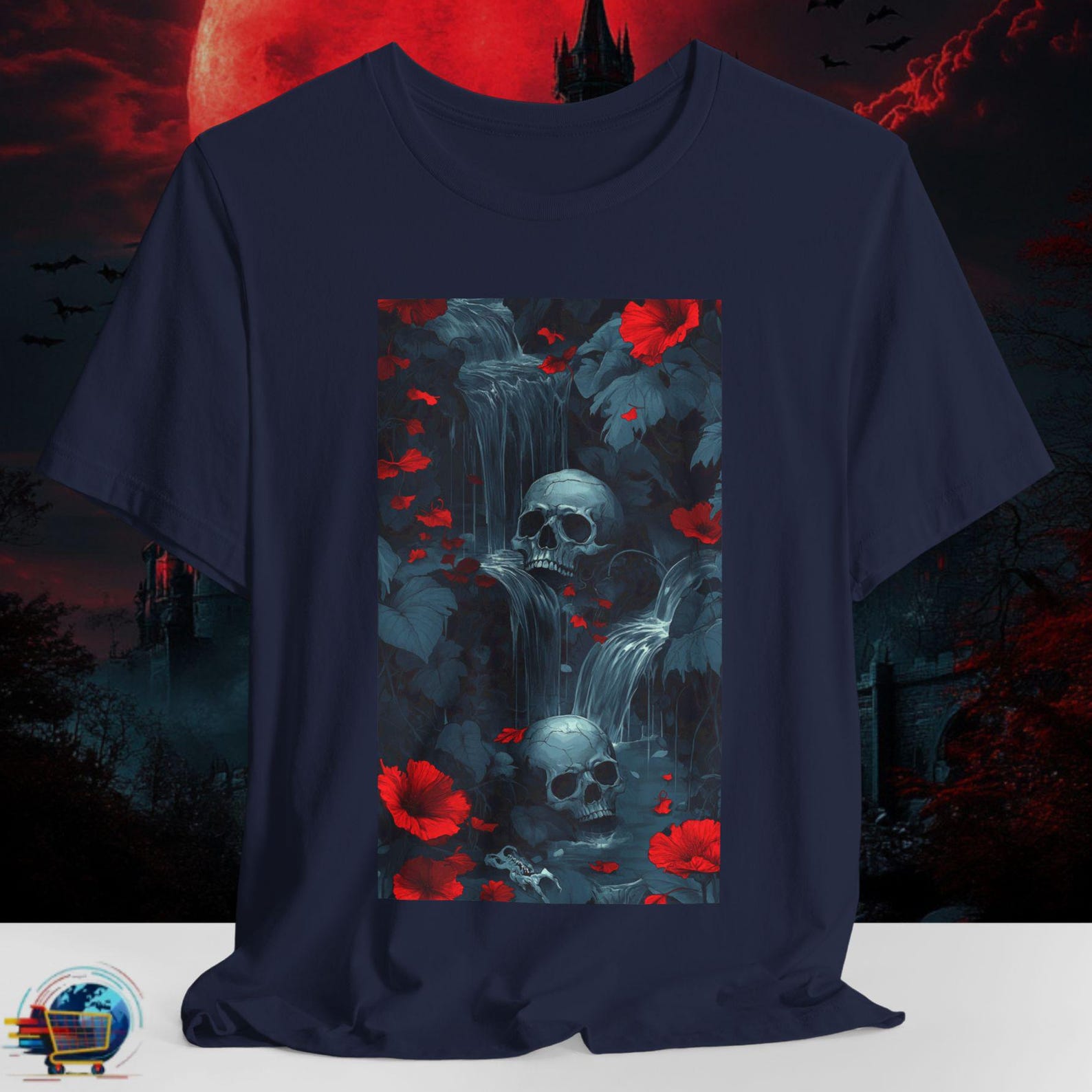Gothic Skull Waterfall Shirt | Macabre Floral Skull Tee | Red Flower Horror T-Shirt | Gift for Gothic Lover | PlusSize Bella Canvas Shirt S