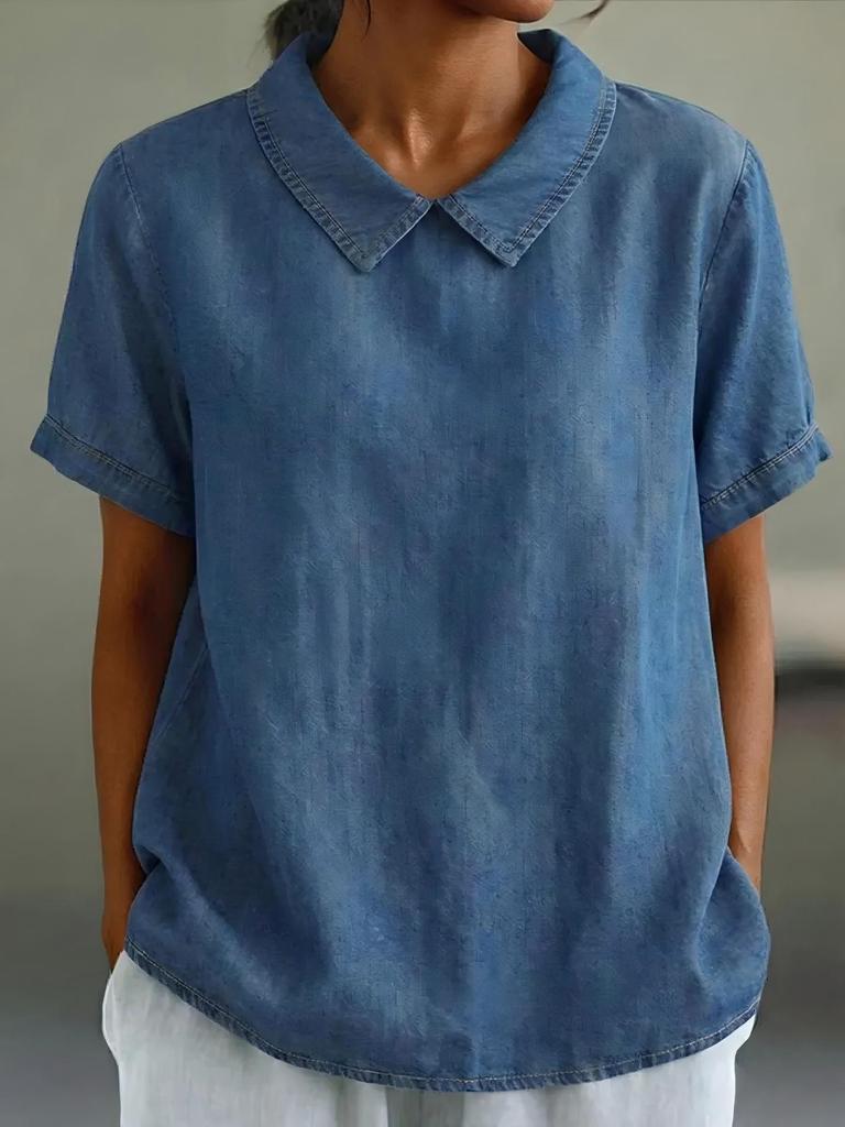 2026 European Spring/Summer Women's Casual Loose Lapel Faux Denim Short Sleeve Shirt