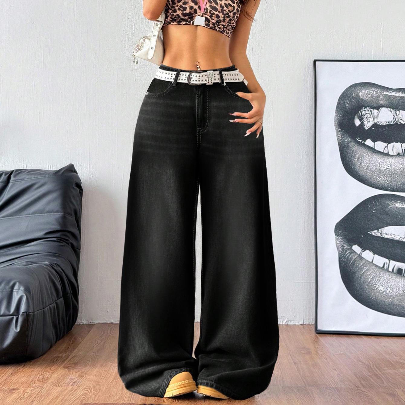 

Women s Washed Black Wide-Leg Jeans - Loose, Casual, Floor-Length Pants XS чорний