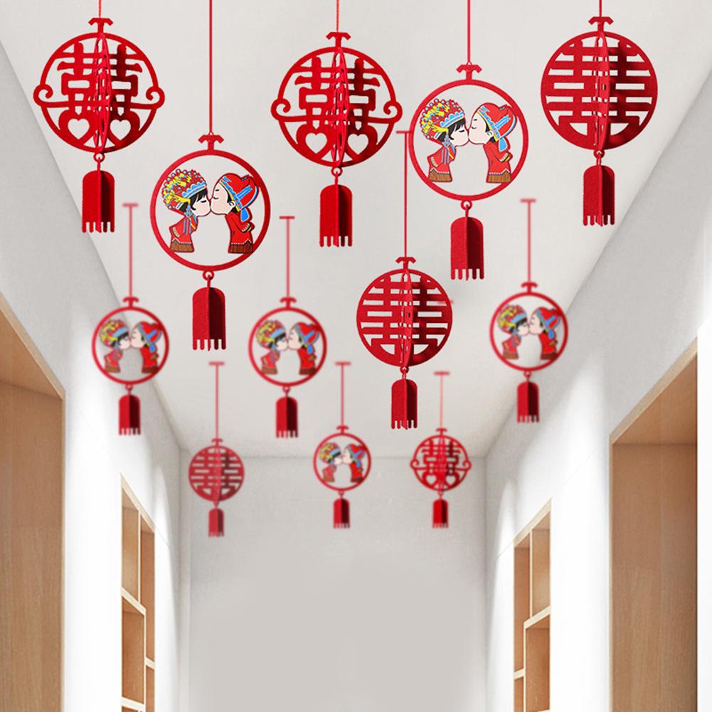 Fashion Ornaments Festival 12Pcs Chinese 3D Out Letter Hollow Cloth Xi Pendant Hanging Wedding Decoration