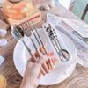 Portable Chopsticks Cutlery Gift Cartoon Ice Spoon Ceramic Spoon Stainless Steel Tableware Black And White Cows Three-piece Set