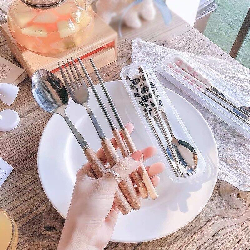 Portable Chopsticks Cutlery Gift Cartoon Ice Spoon Ceramic Spoon Stainless Steel Tableware Black And White Cows Three-piece Set