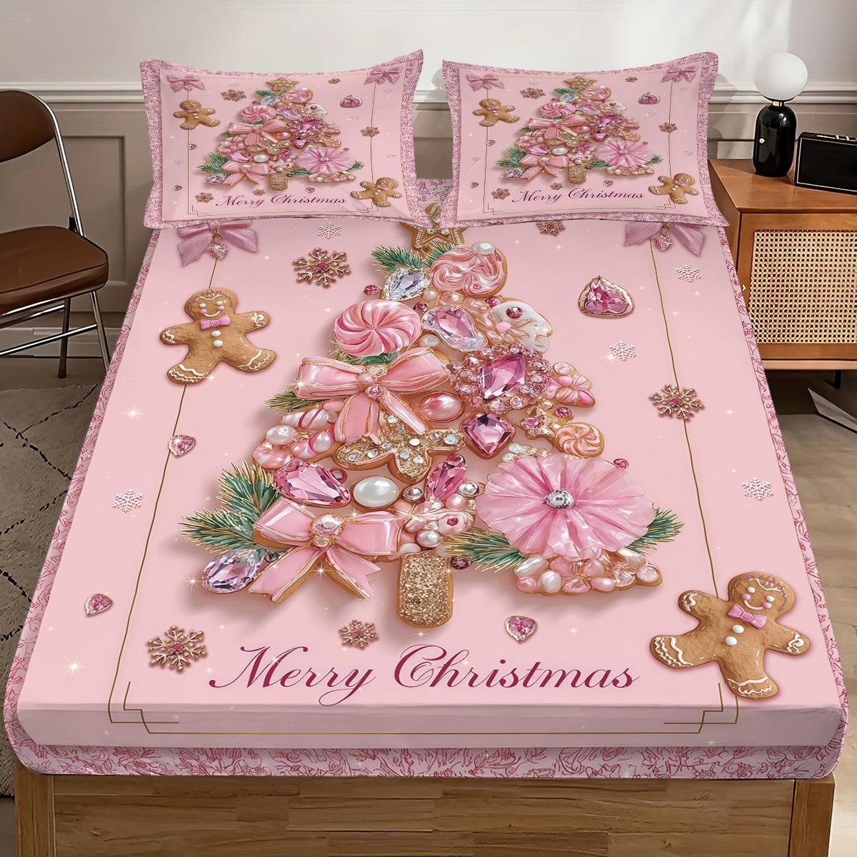 

3pcs pink Christmas Tree Gingerbread man Print Coreless Bed Sheet Set Multi Size Bedcover Bedroom Bedding Holiday Decorations 90x191cm