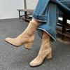 Korean girl~ Round head thick heel elastic suede thin boots commuting versatile high heel small ankle boots black short boots women