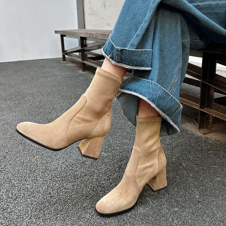 Korean girl~ Round head thick heel elastic suede thin boots commuting versatile high heel small ankle boots black short boots women