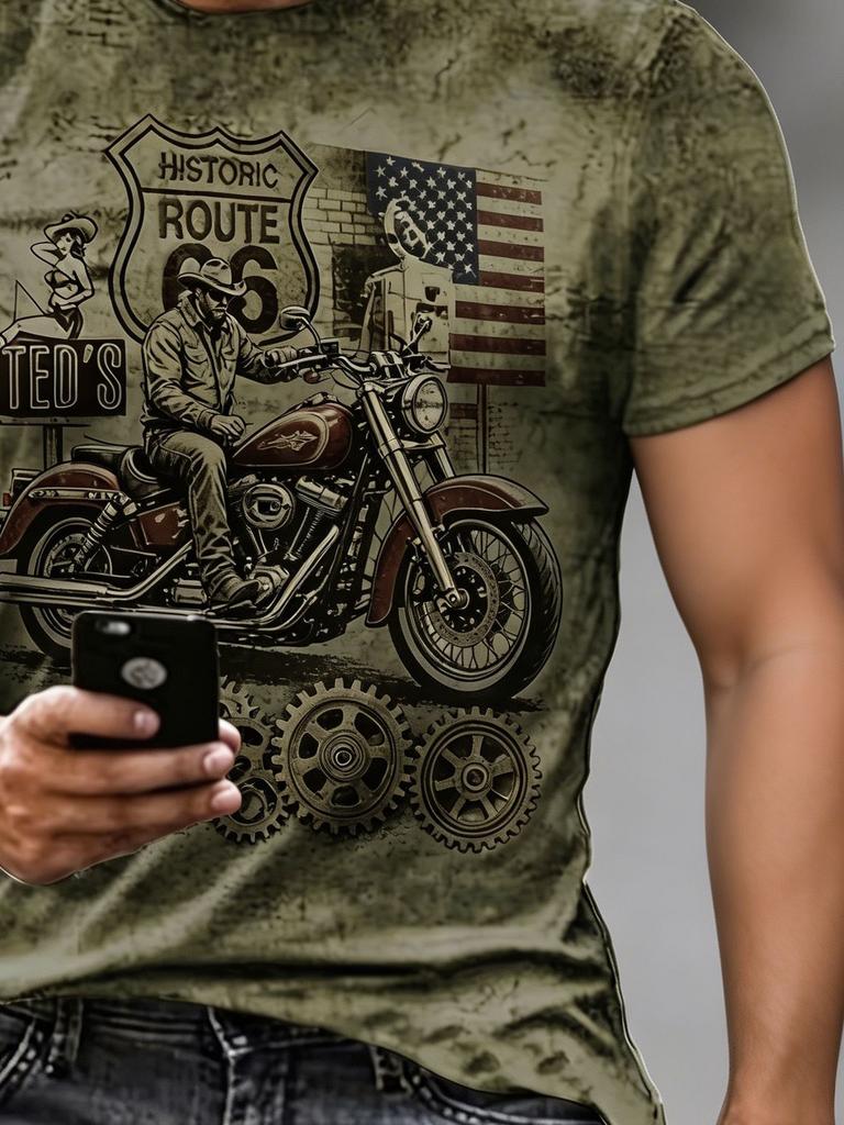 Men's Route 66 Motorcycle T-Shirt - Full-Body Vintage Cowboy & Print, Plus Size Oversized Short Sleeve Crew Neck Casual Summer Top, Retro Design